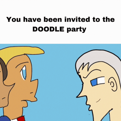 Two Cartoon Characters Are Standing Next To Each Other With The Words " You Have Been Invited To The Doodle Party " GIF