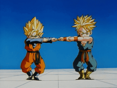 Two Cartoon Characters Are Standing Next To Each Other With Their Arms Outstretched GIF