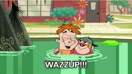 Two Cartoon Characters Are Swimming In A Pool With The Words Wazzup Written On The Bottom GIF