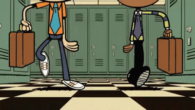 Two Cartoon Characters Are Walking In A Hallway Carrying Suitcases . GIF