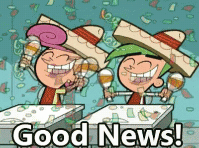Two Cartoon Characters At Table Saying Good News GIF