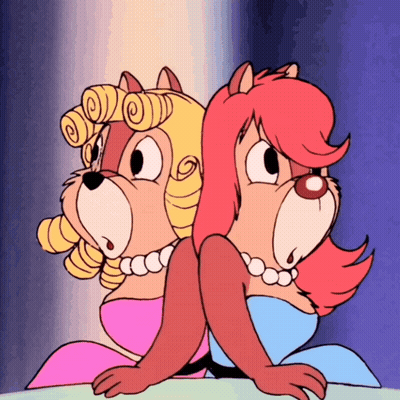 Two Cartoon Characters Back To Back In Pearls And Dresses GIF