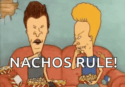 Two Cartoon Characters , Beavis And Butthead , Are Sitting On A Couch And Eating Nachos . GIF
