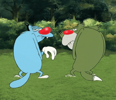 Two Cartoon Characters Blue and Green in Grassy Field