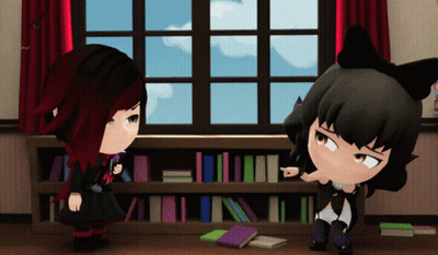 Two Cartoon Characters By Bookshelf GIF