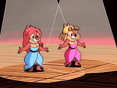 Two Cartoon Characters Dancing In Blue And Pink Dresses GIF