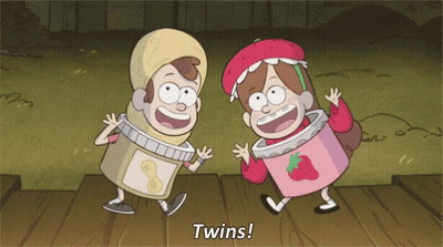 Two Cartoon Characters Dressed As Peanut Butter And Strawberry Jars Saying Twins GIF