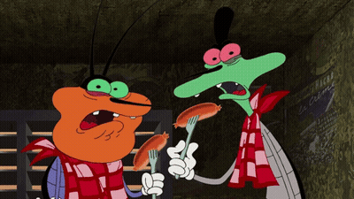 Two Cartoon Characters Eating Sausages by Le Crepe Sign