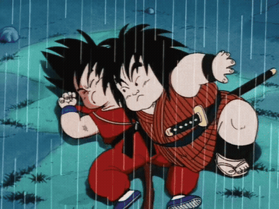 Two Cartoon Characters Fighting in Rain One With Sword