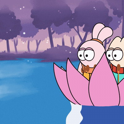 Two Cartoon Characters Floating On Pink Flower In River GIF