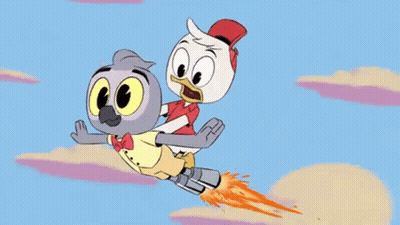 Two Cartoon Characters Flying in Sky