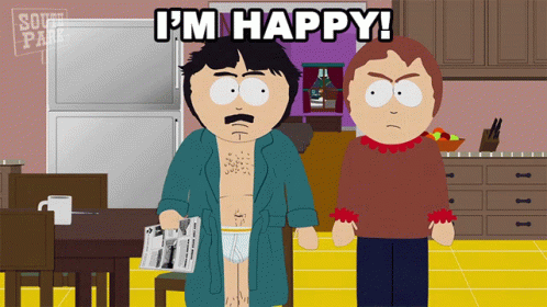 Two Cartoon Characters From South Park Are Standing In A Kitchen With The Words I 'M Happy Written Above Them GIF