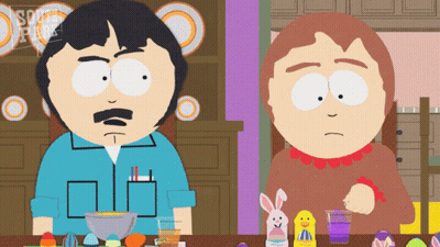 Two Cartoon Characters From South Park Sitting At A Table GIF