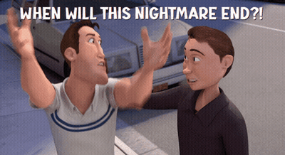 Two Cartoon Characters Giving Each Other A High Five With The Caption " When Will This Nightmare End ? " GIF
