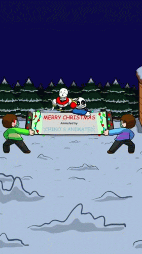 Two Cartoon Characters Holding A Merry Christmas Sign GIF