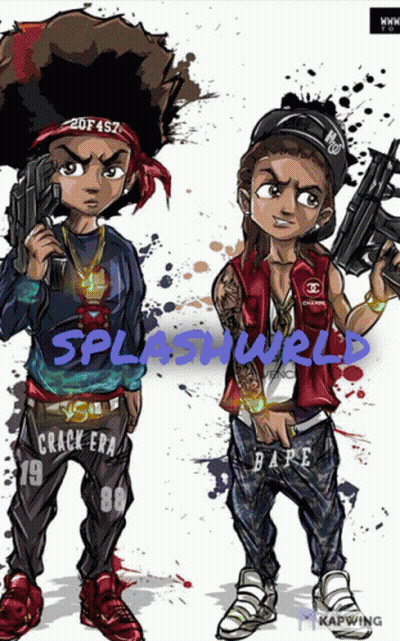 Two Cartoon Characters Holding Guns With The Words Splashworld Written On The Bottom GIF