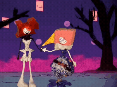 Two Cartoon Characters Holding Hands By Tree On Purple GIF