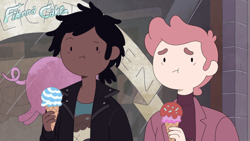Two Cartoon Characters Holding Ice Cream Cones In Front Of A Sign That Says Flaming Cake GIF