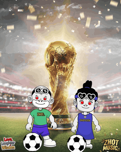 Two Cartoon Characters Holding Soccer Balls Near Trophy