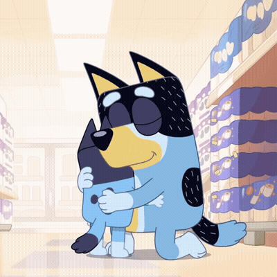 Two Cartoon Characters Hugging Each Other In A Store GIF