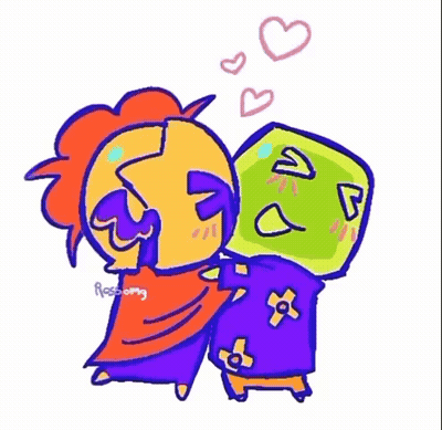 Two Cartoon Characters Hugging With Hearts GIF
