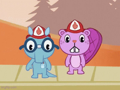 Two Cartoon Characters In Fireman Hats On Sidewalk GIF