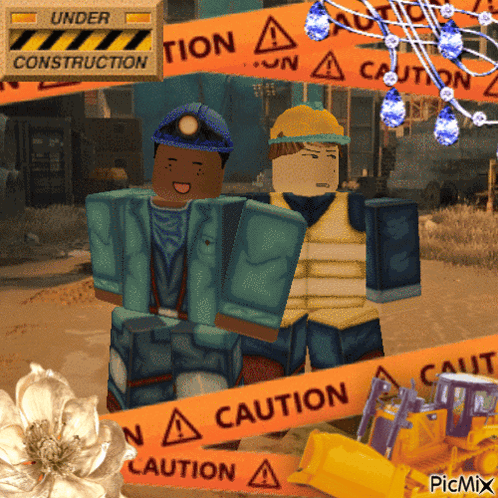 Two Cartoon Characters In Front Of Construction Sign GIF