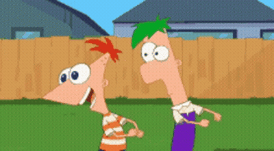 Two Cartoon Characters In Front Of Fence GIF