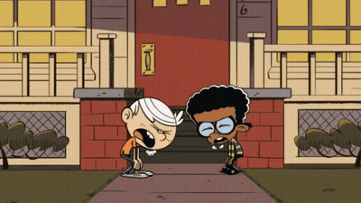 Two Cartoon Characters In Front Of House With Number 6 On Door GIF