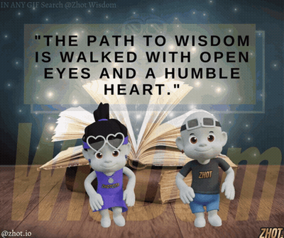 Two Cartoon Characters In Front Of Open Book With Wisdom Quote GIF