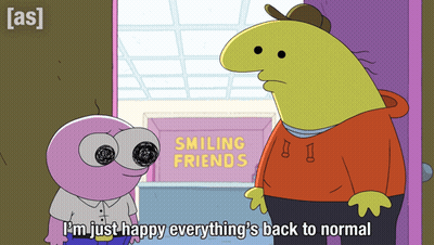 Two Cartoon Characters In Front Of Smiling Friends Sign GIF