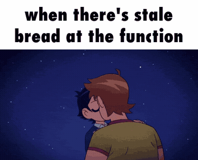Two Cartoon Characters Kissing In Front Of A Fireworks Display With The Caption When There 'S Stale Bread At The Functio GIF