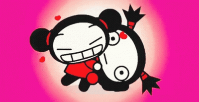 Two Cartoon Characters Laying On Top Of Each Other Pink Background GIF