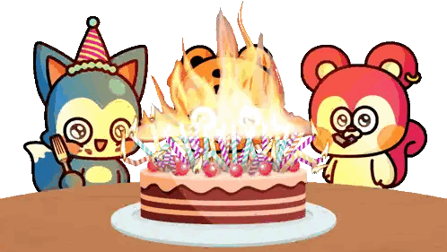 Two Cartoon Characters Looking At Birthday Cake Sticker