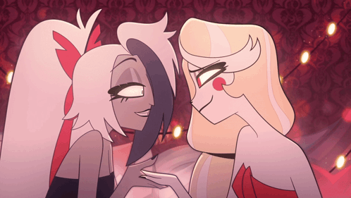 Two Cartoon Characters Looking At Each Other Red Background GIF