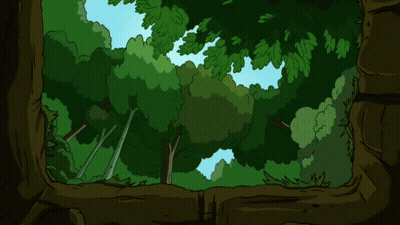 Two Cartoon Characters Looking Out Of Tree Trunk GIF