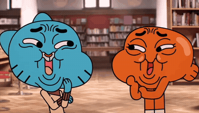 Two Cartoon Characters Making Funny Faces In Library GIF