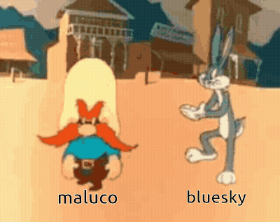 Two Cartoon Characters Named Maluco And Bluesky Are Standing Next To Each Other In The Desert . GIF