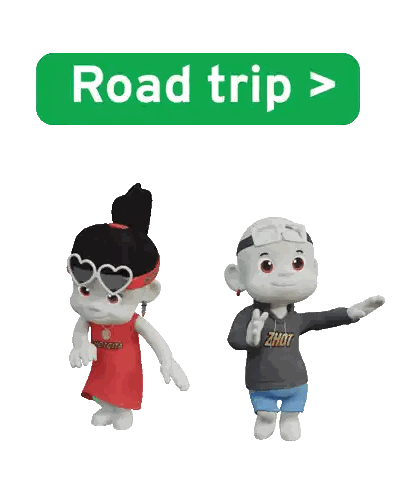 Two Cartoon Characters Next To Road Trip Sign Sticker