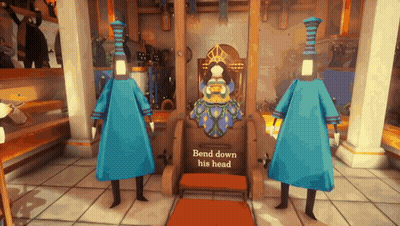 Two Cartoon Characters Next to Throne Saying Bend Down His Head