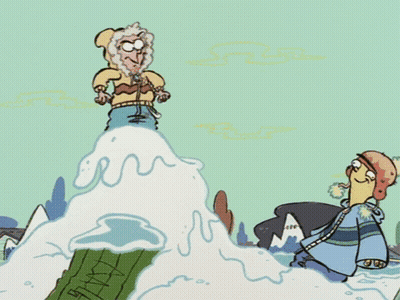 Two Cartoon Characters On Snowy Mountain GIF
