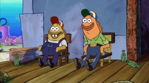 Two Cartoon Characters One Of Whom Is Wearing A Green Shirt That Says ' Spongebob ' GIF