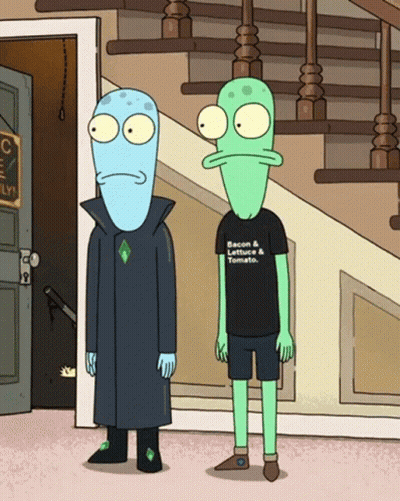 Two Cartoon Characters One Wearing Bacon And Tomato Shirt GIF