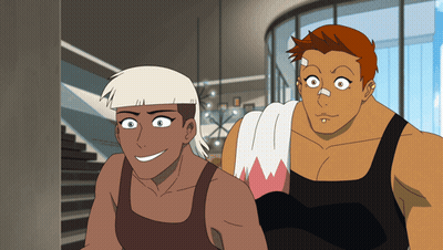 Two Cartoon Characters One With A Towel Around His Neck GIF