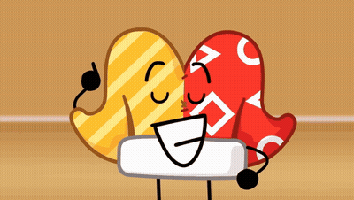 Two Cartoon Characters One Yellow And One Red Kissing GIF