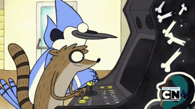 Two Cartoon Characters Playing Arcade Game With CN GIF