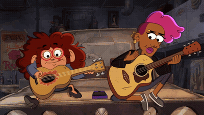 Two Cartoon Characters Playing Guitars in Front of Coca Cola Sign