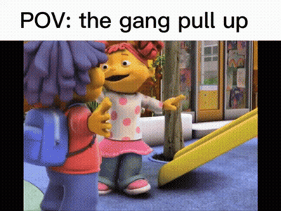 Two Cartoon Characters POV The Gang Pull Up GIF