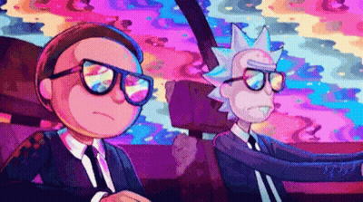 Two Cartoon Characters , Rick And Morty , Are Sitting In A Car With A Colorful Background . GIF