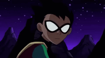 Two Cartoon Characters , Robin And Batman , Are Standing Next To Each Other And Talking To Each Other . GIF